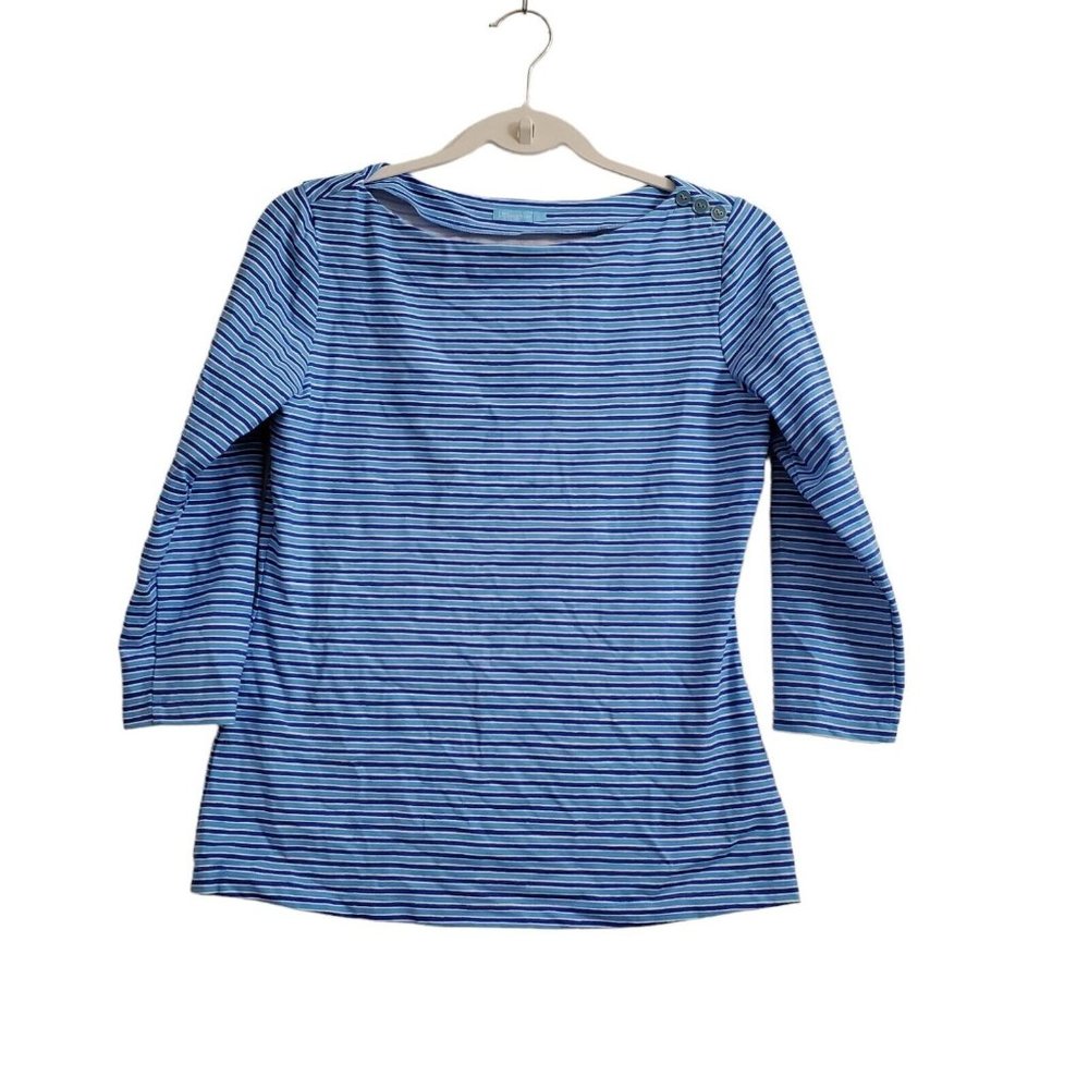 J. McLaughlin Womens Blouse Small Striped Blue 3/4 Sleeves Top Stretch Crew Neck